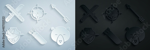 Set Quiver with arrows, Hipster, Flying duck on shield, Bear head, Hunt bear crosshairs and Crossed hunter knife icon. Vector