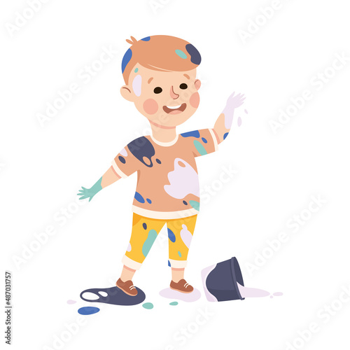 Little Boy Smeared in Paints Near Overturned Bucket Vector Illustration
