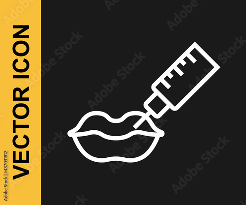 White line Lip augmentation icon isolated on black background. Hyaluronic acid lips injection. Contour plastic. Vector