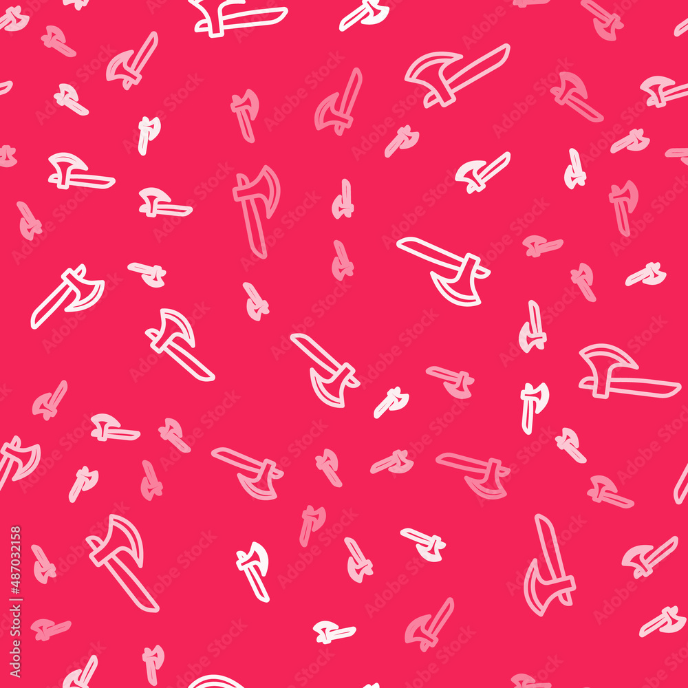 White line Wooden axe icon isolated seamless pattern on red background. Lumberjack axe. Vector