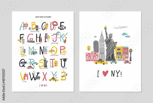 New York city cartoon kids posters. Set of art prints with alphabet, decorative symbol, street elements, cars, architecture, foods of big american city. Cards about tourism in usa. Vector illustration