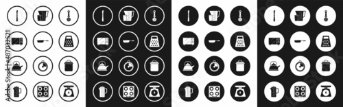 Set Pizza knife, Frying pan, Microwave oven, Knife, Grater, Measuring cup, Cooking pot and Kettle with handle icon. Vector