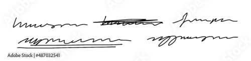 Two lines of unreadable text. Strikethrough illegible words. Unreadable handwriting with underlined word. Vector illustration isolated on white background.