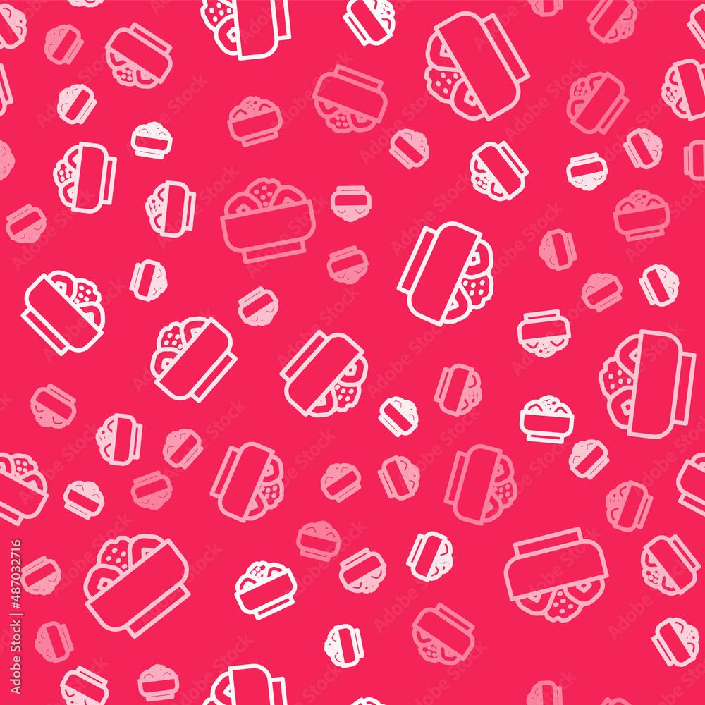White line Chow mein on plate icon isolated seamless pattern on red background. Asian food. Vector White line Chow mein on plate icon isolated seamless pattern on red background. Asian food. Vector