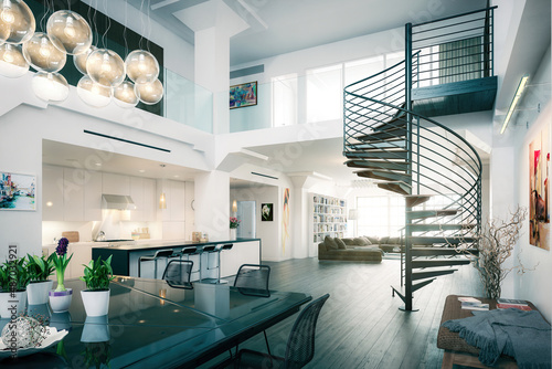 Modern Mansarde Apartment with Spiral Stairs & Furnitures - 3d Visualization