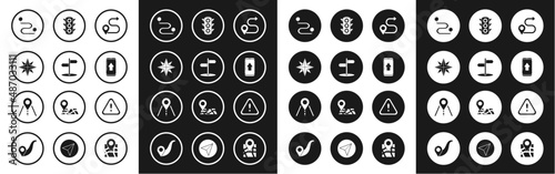 Set Route location, Road traffic sign, Wind rose, Infographic of city map navigation, Traffic light, Exclamation mark triangle and icon. Vector