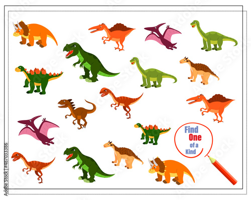Fototapeta Naklejka Na Ścianę i Meble -  Children's logic game find the one of a kind. Dinosaurs and their children. Vector