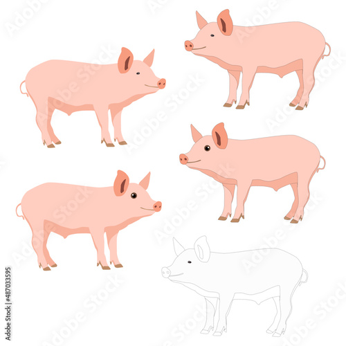 Pink pig piggy standing with ponytail cheerful cute naughty cartoon vector © Екатерина Волконская