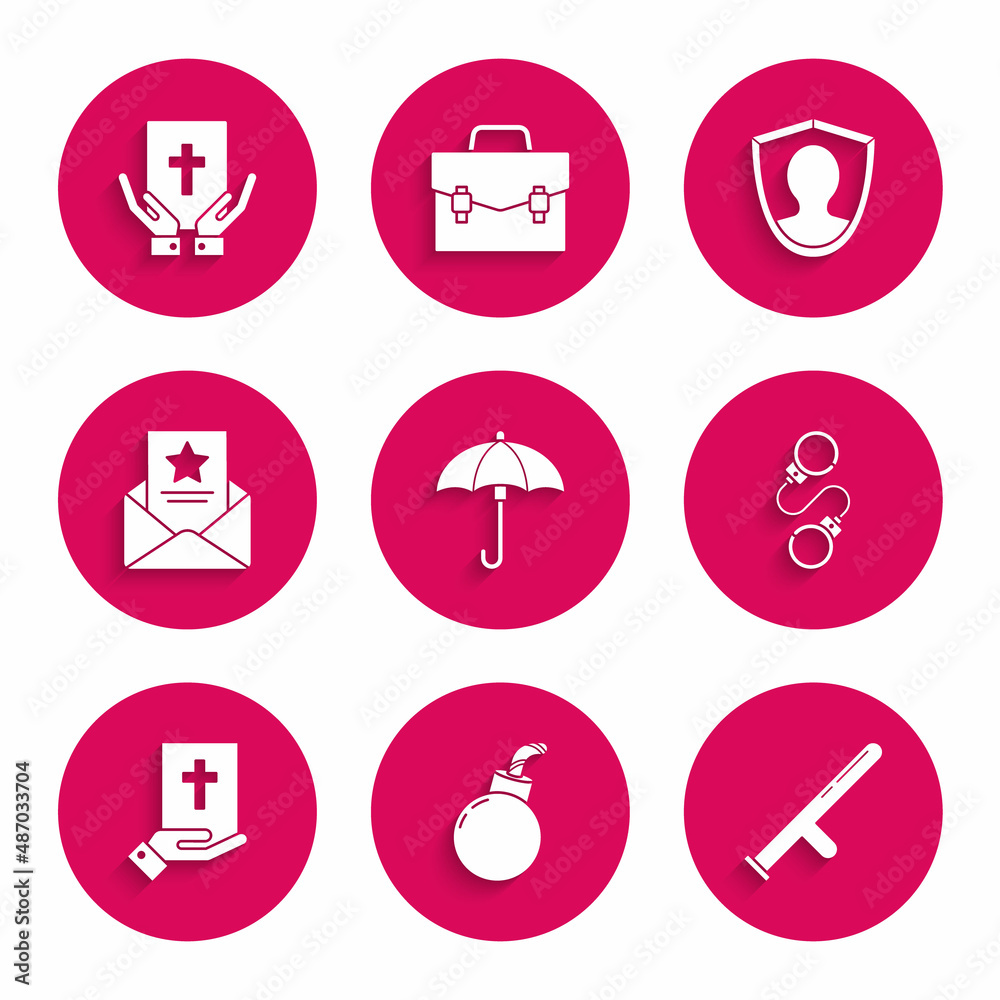 Set Umbrella, Bomb ready to explode, Police rubber baton, Handcuffs, Oath the Holy Bible, The arrest warrant, User protection and icon. Vector Set Umbrella, Bomb ready to explode, Police rubber baton, Handcuffs, Oath the Holy Bible, The arrest warrant, User protection and icon. Vector