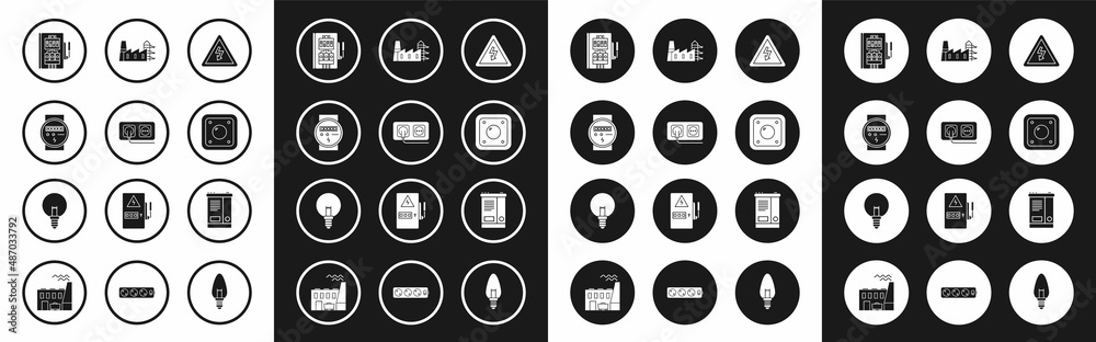 Fototapeta premium Set High voltage sign, Electrical outlet, meter, panel, light switch, Power station plant and factory, Car battery and Light bulb icon. Vector
