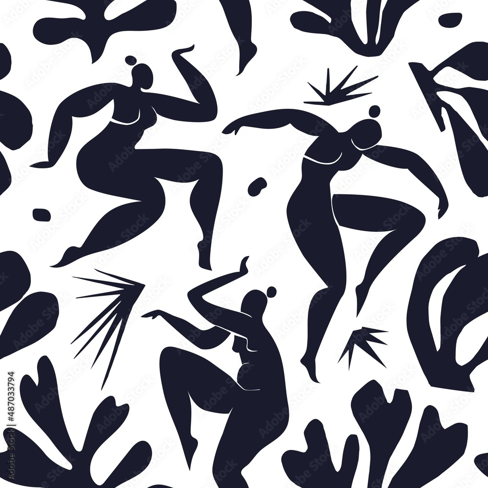 Seamless pattern with dancing abstract women inspired by Matisse. Women's dance among abstract plants and stars. Black on white background vector illustration. Seamless pattern with dancing abstract women inspired by Matisse. Women's dance among abstract plants and stars. Black on white background vector illustration.