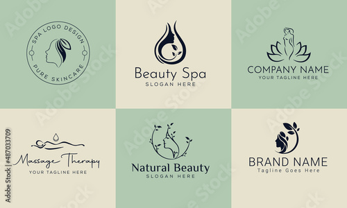 Set of Spa element Hand Drawn Logo with body and Leaves. Logo for spa and beauty salon, boutique, massage therapy, organic shop, relaxation, woman body, yoga, cosmetics store