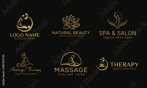 Set of Spa element Hand Drawn Logo with body and Leaves. Logo for spa and beauty salon, boutique, massage therapy, organic shop, relaxation, woman body, yoga, cosmetics store