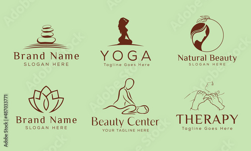 Set of Spa element Hand Drawn Logo with body and Leaves. Logo for spa and beauty salon, boutique, massage therapy, organic shop, relaxation, woman body, yoga, cosmetics store