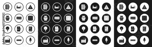 Set High voltage sign, Electrical outlet, meter, panel, light switch, Power station plant and factory, Car battery and Light bulb icon. Vector
