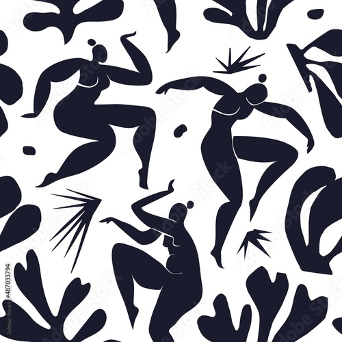 Seamless pattern with dancing abstract women inspired by Matisse. Women's dance among abstract plants and stars. Black on white background vector illustration.