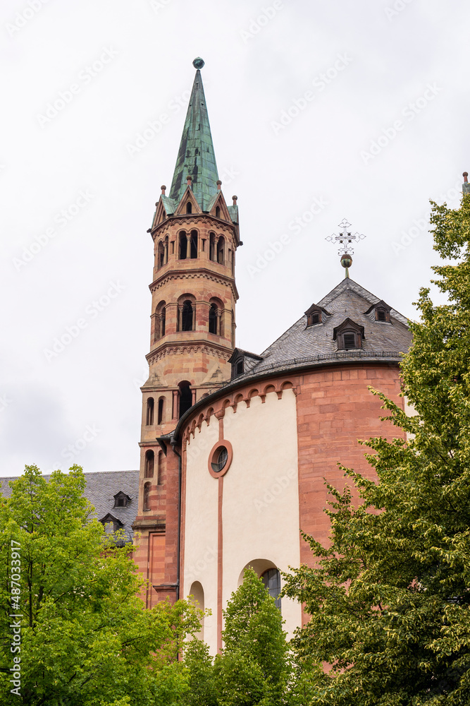 Brick colored towers with bronze green roofs at Würzburger Cathedral or Würzburger Dom and the apse roof seen from the presbitery side