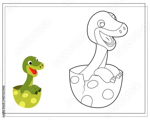 Coloring book for kids, dinosaur kid brontosaurus in an egg. Vector