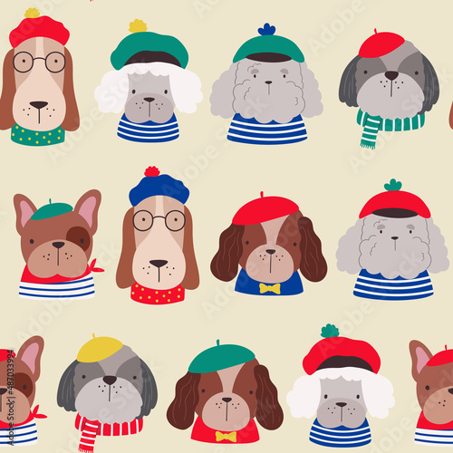 Vector seamless pattern with French dogs. French style dogs set. Funny cartoon of different breeds of dogs dressed in French style in berets and striped clothes.  