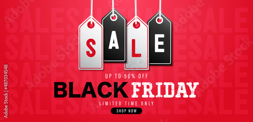Black friday sale banner template background with sale tag decoration. Modern design. Suit for poster, promotion, advertising, header, website, brochure, flyer, social media. Vector illustration