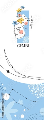 Zodiac background. Gemini constellation. Air element. One line.
