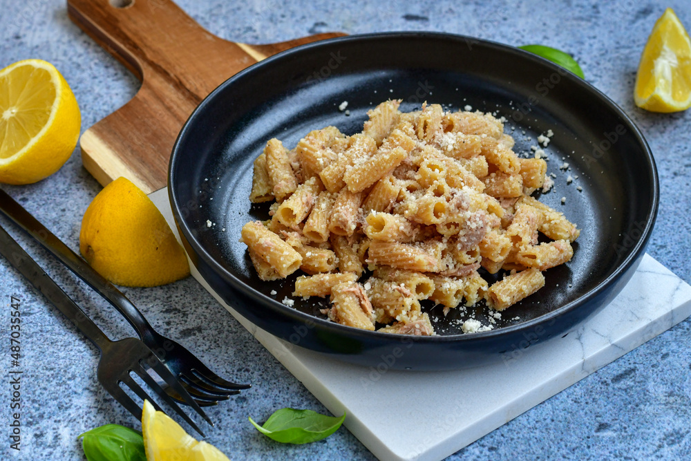 Gluten free Chickpea pasta.Fresh low carb high protein pasta rigatoni with cream sauce , tuna , parmesan cheese ,olive oil and black pepper) Ketogenic diet pasta Gluten free Chickpea pasta.Fresh low carb high protein pasta rigatoni with cream sauce , tuna , parmesan cheese ,olive oil and black pepper) Ketogenic diet pasta