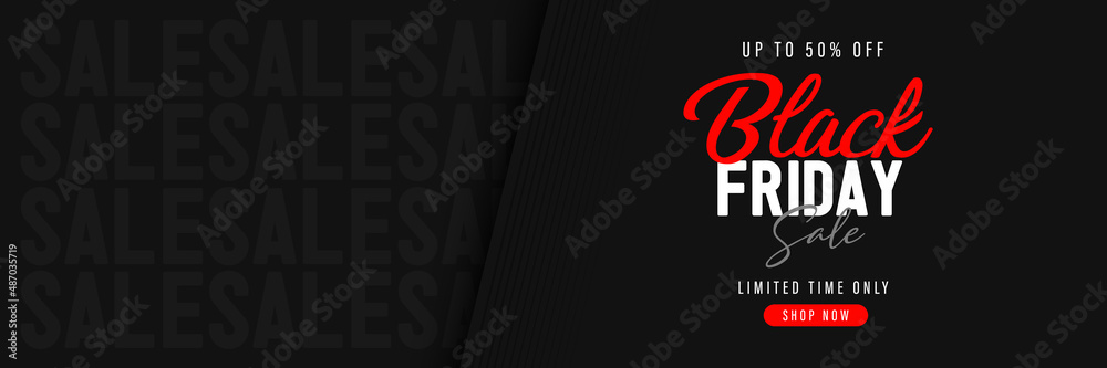 Black friday sale horizontal banner vector on black background. Modern graphic elements with place for text. Black friday sale 50% off. Suit for poster, brochure, promotion, flyer, website, header