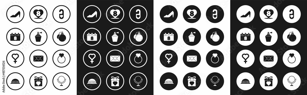 Set Please do not disturb with heart, Perfume, Calendar 8 March, Woman shoe, Heart, Wedding rings and Female gender symbol icon. Vector Set Please do not disturb with heart, Perfume, Calendar 8 March, Woman shoe, Heart, Wedding rings and Female gender symbol icon. Vector