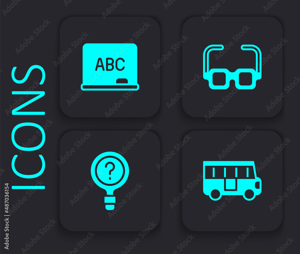 Set School Bus, Chalkboard, Glasses and Unknown search icon. Black square button. Vector Set School Bus, Chalkboard, Glasses and Unknown search icon. Black square button. Vector