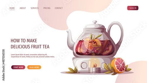 Teapot with fruit and berry tea on the heating pad. Tea shop, break, cafe-bar, tea lover, tea party, beverages concept. Vector illustration for poster, banner, website, menu, advertising. 