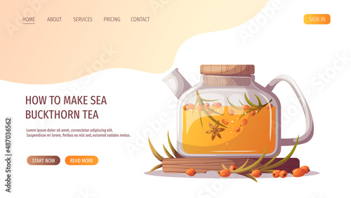Teapot with sea buckthorn tea. Tea shop, break, cafe-bar, tea lover, tea party, beverages concept. Vector illustration for poster, banner, website, menu, advertising. 