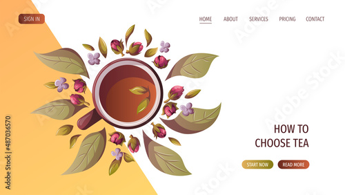 Tea cup with leaves and ingredients. Tea shop, cafe-bar, tea lover, tea party, kitchen concept. Vector illustration for poster, banner, website, menu, advertising. 