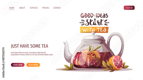 Teapot with fruit and berry tea. Handwritten lettering. Tea shop, break, cafe-bar, tea lover, tea party, beverages concept. Vector illustration for poster, banner, website, menu, advertising. 