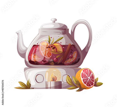 Teapot with fruit and berry tea on the heating pad. Tea shop, break, cafe-bar, tea lover, tea party, beverages concept. Isolated Vector illustration for poster, banner, card, menu, advertising. 
