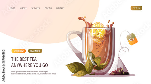 Cup of tea with lemon and mint, tea bag. Tea shop, break, cafe-bar, tea lover, tea party, beverages concept. Vector illustration for poster, banner, website, menu, advertising. 