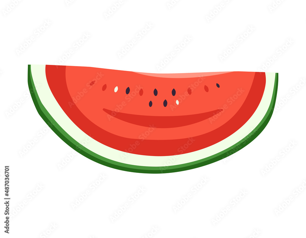 Slice of red juicy watermelon with seeds, cut off half of fruit. Summer sweetness, juicy food. Vector flat illustration Slice of red juicy watermelon with seeds, cut off half of fruit. Summer sweetness, juicy food. Vector flat illustration