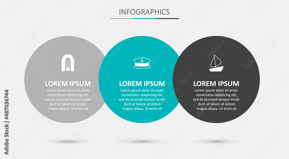 Set Captain hat, Inflatable boat with motor and Yacht sailboat. Business infographic template. Vector Set Captain hat, Inflatable boat with motor and Yacht sailboat. Business infographic template. Vector