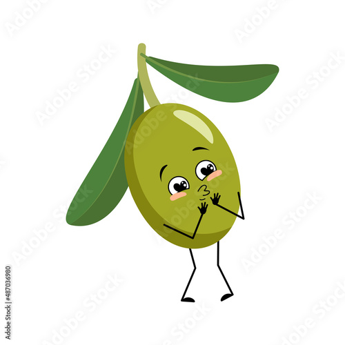 Olive character with love emotions, smile face, arms and legs. Person with happy expression, fruit emoticon. Vector flat illustration