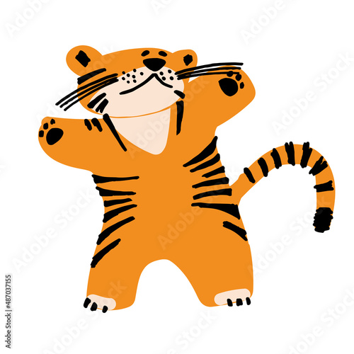 Fototapeta Naklejka Na Ścianę i Meble -  Illustration of a funny tiger cub in a cartoon, simplified style for children. Happy pet concept. Isolated on white background