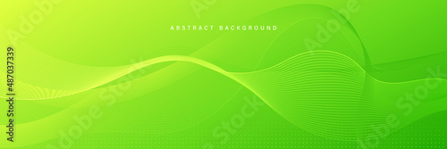 Abstract green gradient horizontal background with bright green wave lines vector element and halftone dots decoration. Modern wave flow lines banner design. Suit for cover, brochure, presentation