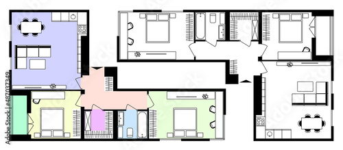 Apartment floor plan. Project of two rooms and studio kitchen. Furniture layout plan in space. Technical 2D plan. Vector.