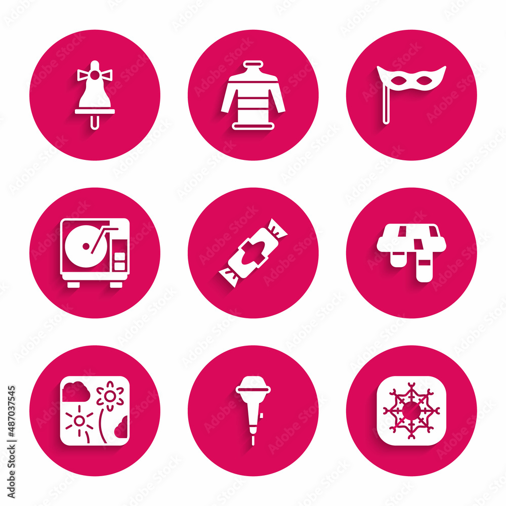 Set Candy, Microphone, Snowflake, Winter scarf, Firework rocket, Vinyl player with vinyl disk, Festive mask and Merry Christmas ringing bell icon. Vector
