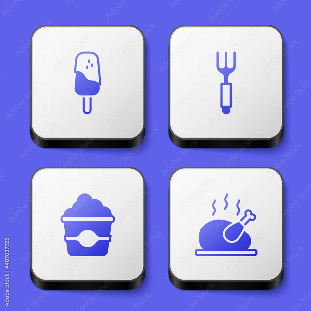 Set Ice cream, Fork, Popcorn in cardboard box and Roasted turkey chicken icon. White square button. Vector Set Ice cream, Fork, Popcorn in cardboard box and Roasted turkey chicken icon. White square button. Vector