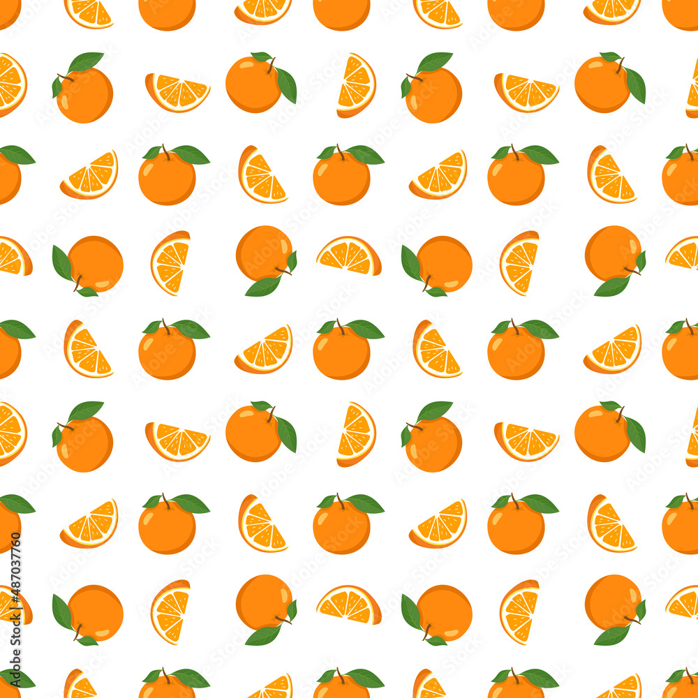 Seamless bright spring and summer pattern with oranges and slices on a white background. A set of citrus fruits for a healthy lifestyle. Vector flat illustration of healthy food Seamless bright spring and summer pattern with oranges and slices on a white background. A set of citrus fruits for a healthy lifestyle. Vector flat illustration of healthy food