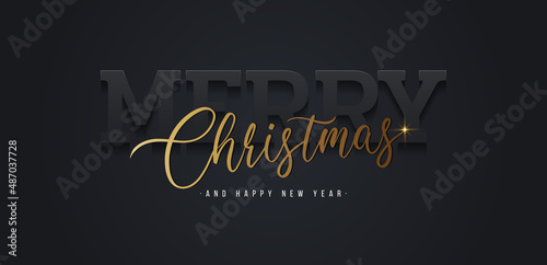 Merry christmas and happy new year lettering on black horizontal background. Luxury and elegant style black and gold text graphic design. Suit for poster, cover, banner, brochure, website, card