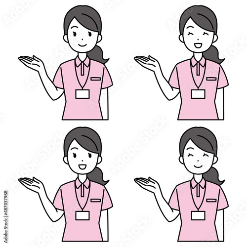 笑顔で案内するポロシャツの女性（右手・シンプル）