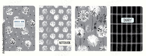 Cover page templates with dandelions, historical cityscape, hand drawn gingham checks, spiral lines. Based on seamless patterns. Headers isolated and replaceable. Perfect for notebooks, diaries