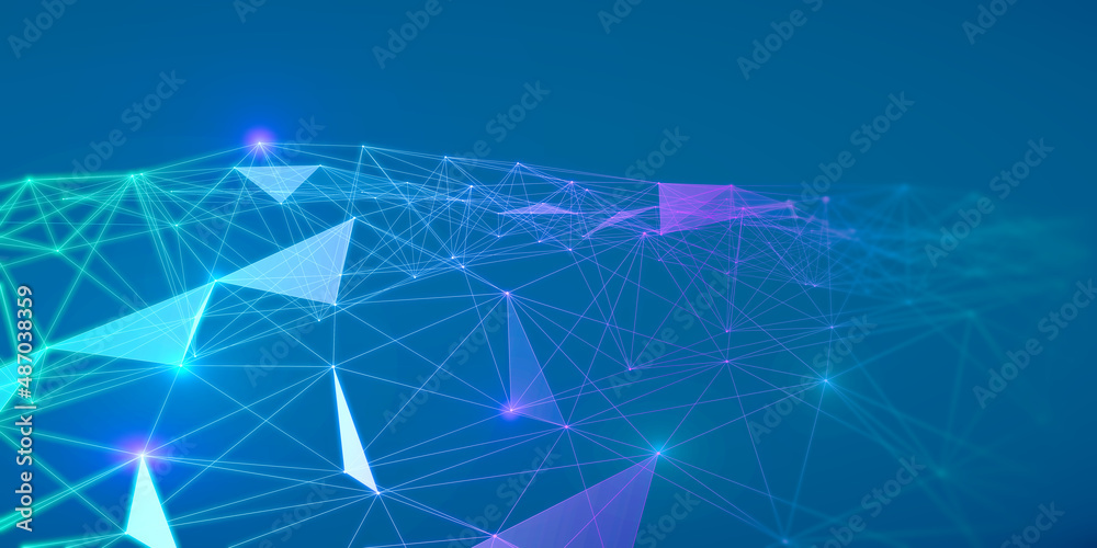 Close up of creative blue polygonal backdrop with mesh. Network and science concept. 3D Rendering.
