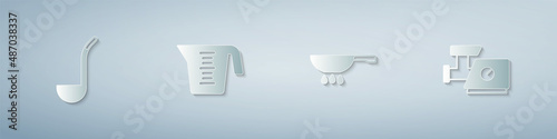 Set Kitchen ladle, Measuring cup, Frying pan on fire and meat grinder. Paper art style. Vector