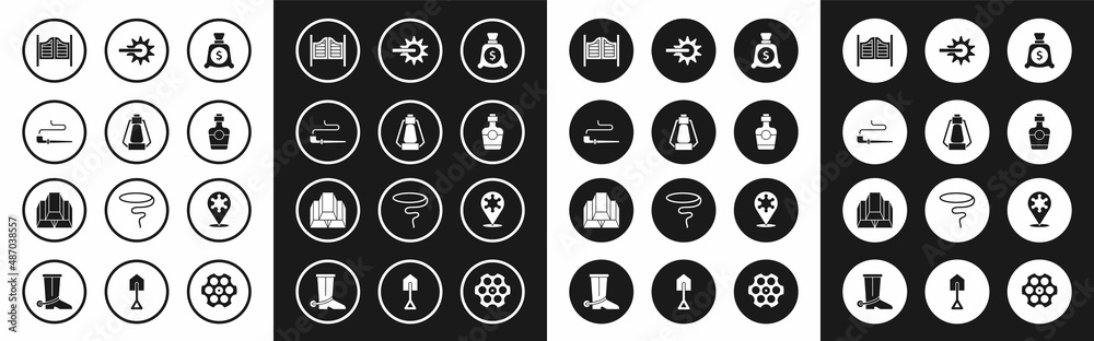 Set Money bag, Camping lantern, Smoking pipe, Saloon door, Tequila bottle, Spur, Hexagram sheriff and Gold bars icon. Vector Set Money bag, Camping lantern, Smoking pipe, Saloon door, Tequila bottle, Spur, Hexagram sheriff and Gold bars icon. Vector